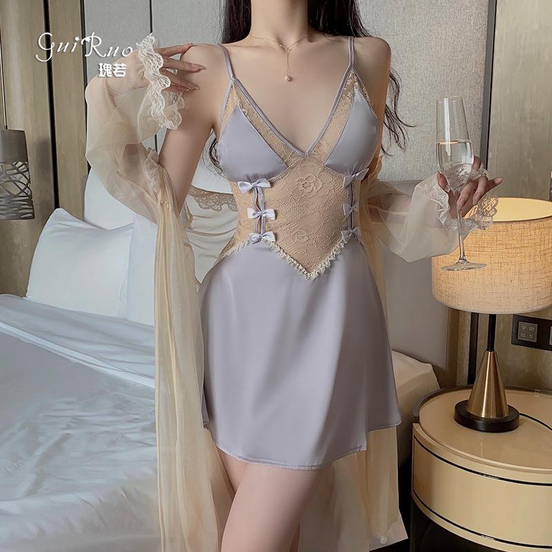 Women's Silky Push Up Padded Backless Cami Dress with Robe Lounge Set