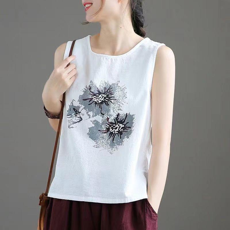 Women Summer Floral Print Round Neck Sleeveless Linen Cotton Casual Tank Tops M белый