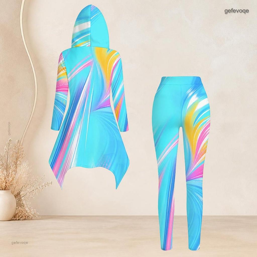 Women Plus Size Hooded Long Sleeve High Low Printed Top Fitted Pants Two Piece Set