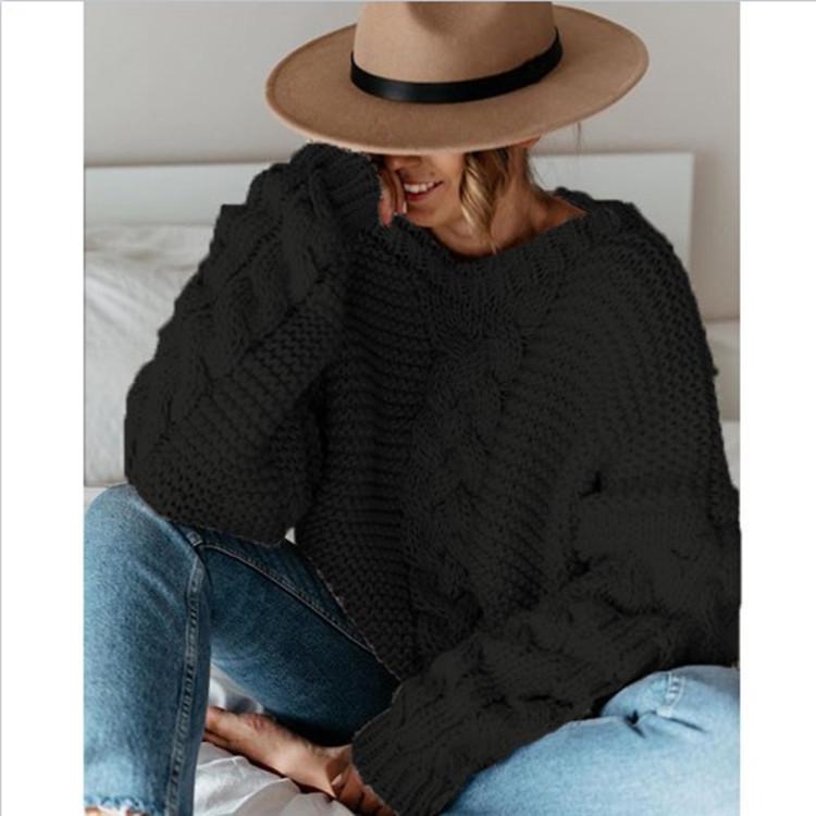 Women's Autumn Winter Loose Knitted Casual Sweater V-Neck Twist Pure Color Comfortable Plus Size Sweater