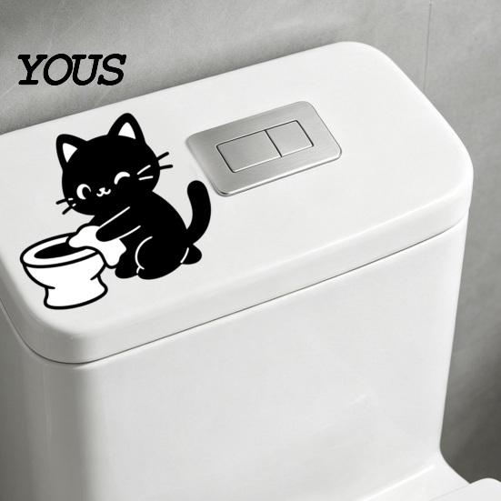 Decorative Tiles Stickers Funny Black Cat Toilet Sticker, Cute Cartoon Bathroom Wall Decal, PVC Waterproof Removable Tank Sticker for Washroom