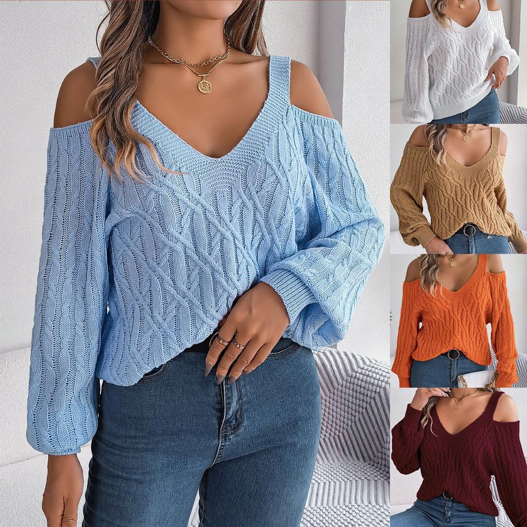 Fashion Loose Off Shoulder V‑Neck Women's Sweater Knitted Autumn Hollow Top Long Sleeve Pullovers Solid Casual Knitwear Sweaters