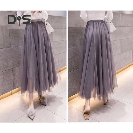 Women Midi Skirt Elastic High Waist Long Skirt with Solid Mesh Hem Solid Color A-Line Skirt Daily Wear