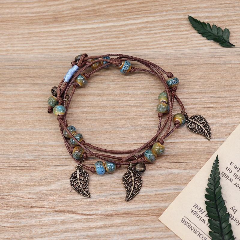 Vintage Bohemian Ceramic Bracelet Girl Sweet Bell Leaf Versatile Waist Chain Multi-circle Bracelet Jewelry