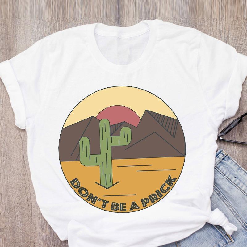 White Casual TShirt Diamond Border Decor With Desert EleUnisext Print Tall Cactus Sun Bird Skull Mountains Personalized Trendy Top