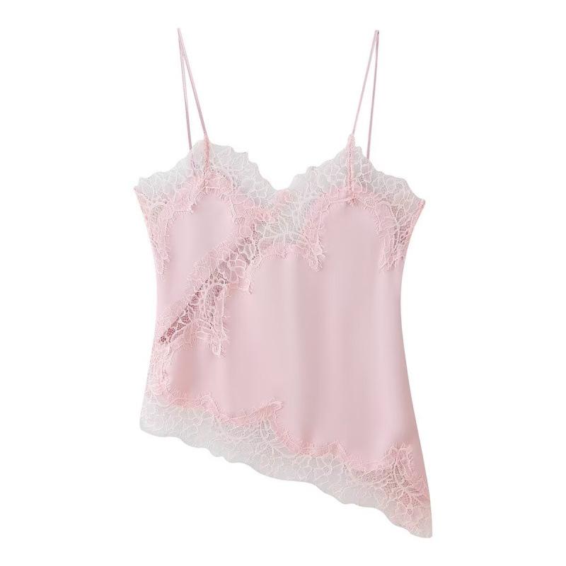 European and American Women's Lace Trimmed Lingerie-Style Top - Trendy Fashion Style.