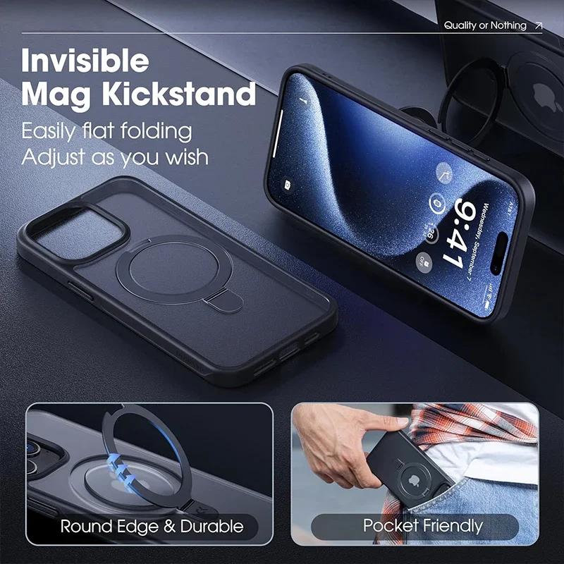 Metal Ring Stand Magnetic Phone Case For iPhone 16 13 12 17 Pro Max 14 15 Plus For Magsafe Matte Protector Cover With Lens Glass