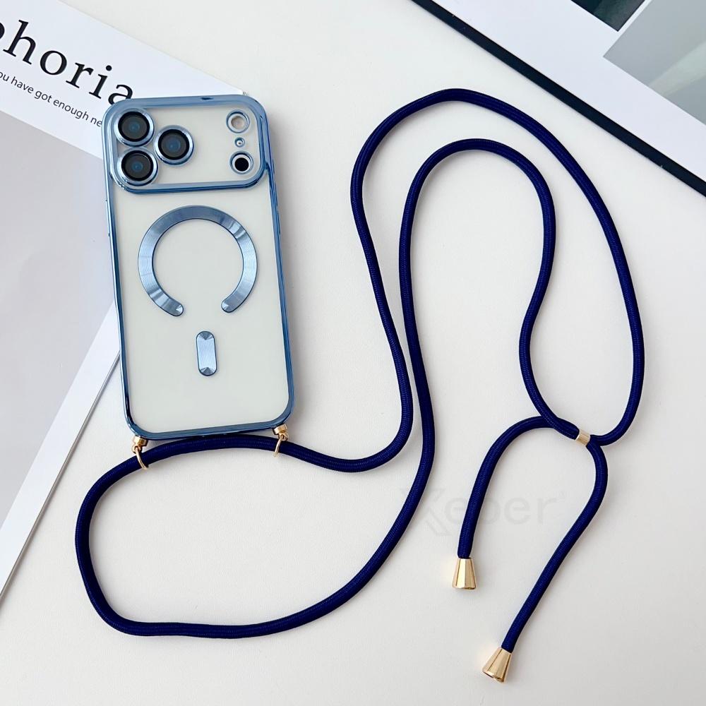 Crossbody Necklace Lanyard Plating Magnetic Case For iPhone 17 Pro Max 16 15 13 12 14 Plus Clear For Magsafe Soft Silicone Cover