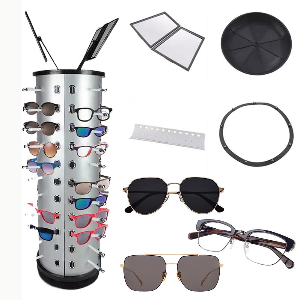 360 Rotating 44 Pairs Sunglasses Eyewear Holder Space-Saving with Mirror Eyewear Collection Sunglasses Display Stand for Store