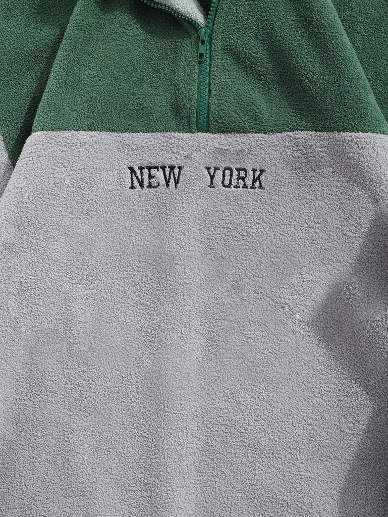 ZAFUL Men's Two Tone Colorblock NEW YORK Embroidered Quarter Zip Fuzzy Fleece Stand Collar Pullover Sweatshirt