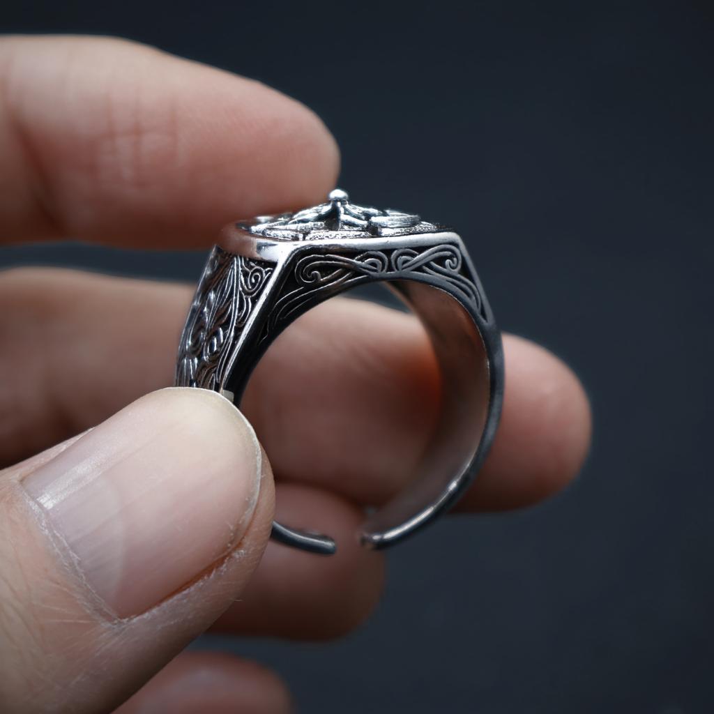 Retro "Floral Edge" Four-leaf Clover Adjustable Open Ring For Men Silver-plated Copper Gothic Punk Edgy Jewelry Accessories Gift