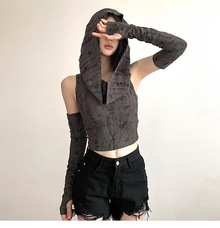 Dune Wasteland Spice Girls Sleeves Hooded T-Shirt Women's Summer New Sexy Belly Navel Chic Ripped Short Top