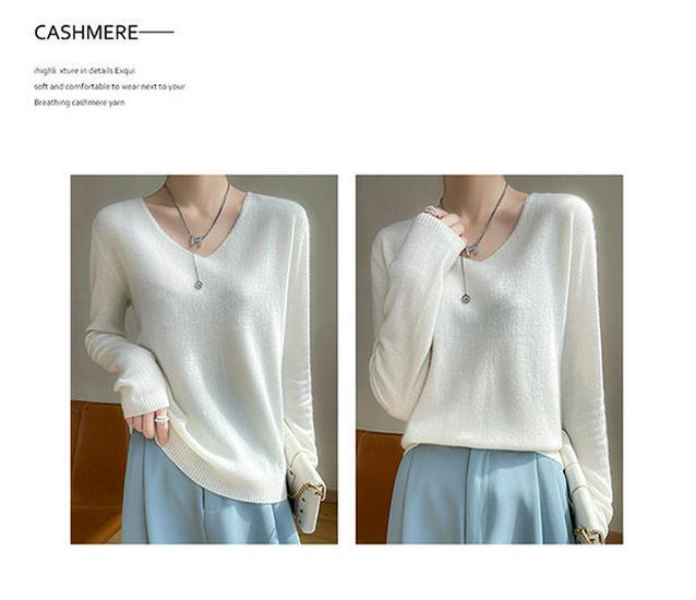 Women's V-Neck Wool Sweater: Autumn/Winter Loose-Fit, Solid Color Knit Pullover with Long Sleeves
