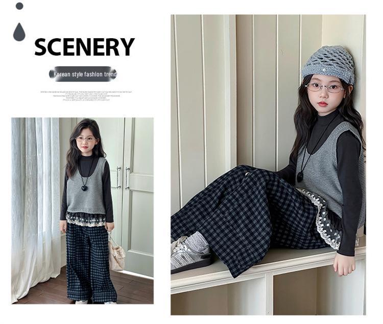 Girls' Knitted Vest and Plaid Shirt Set - Spring/Autumn 2025 Fashionable Style