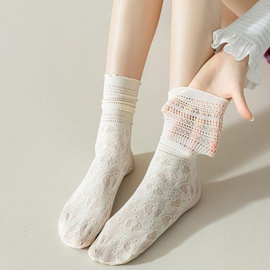1 Pair Women Socks Hollow Lace Solid Color Mid-tube Thin Anti-slip High Elasticity Sweat-absorption Anti-shrink Daily Piled Socks