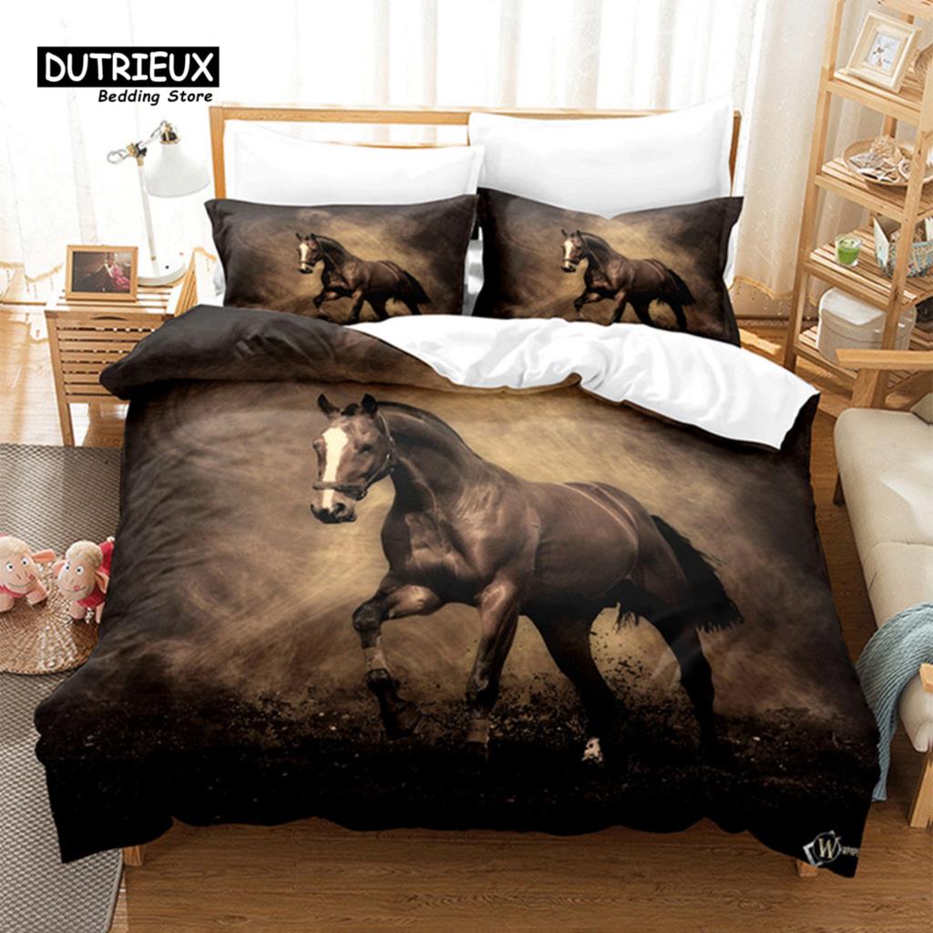 Unicorn Horse Bedding Set 3D Animal Print Duvet Cover Galloping Horse Comforter Cover Queen For Boys Teens Adults Decor Bedroom