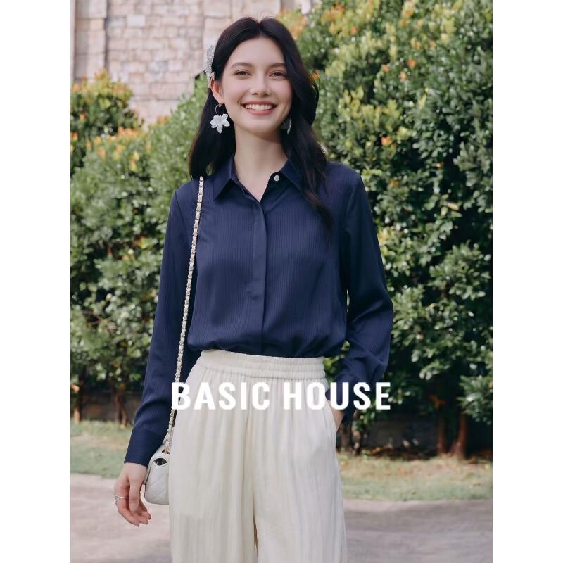 Basic House Women s Satin Polo Collar Long Sleeve Shirt M темно-синий