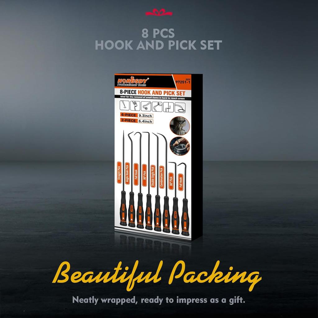 HORUSDY 8-Piece Professional Hook And Pick Set For Automotive Precision Work, Oil Seal Puller, O-Ring & Gasket Removal Tools With Ergonomic Handles