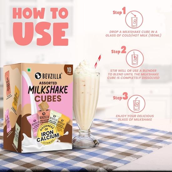 Bevzilla Assorted Instant Milkshake 10 Cubes Pack with Organic Date Palm Jaggery, Zero Refined Sugar, No Preservatives, Drop Stir & Enjoy