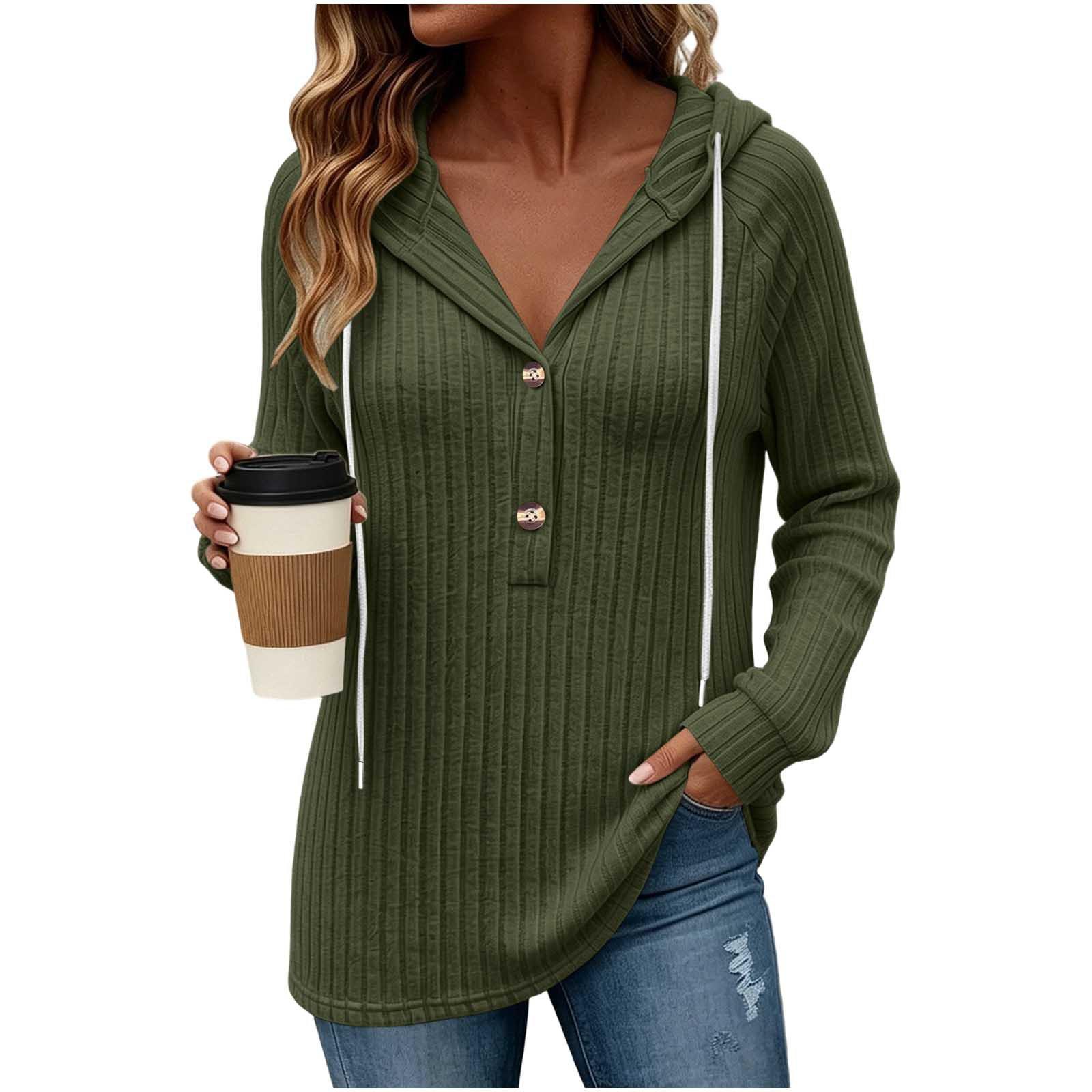 Women s Casual Long Sleeve Hooded V-Neck Loose Fit Top Color S