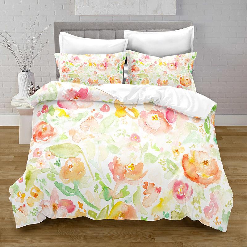 Colorful Flower Green Leaf Bedding Three-Piece Quilt Cover