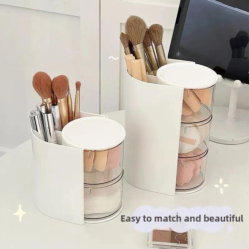 360-Degree Rotating Cosmetic Storage Box Dustproof Multi-Functional For Storing Brushes Sponges And Lipstick