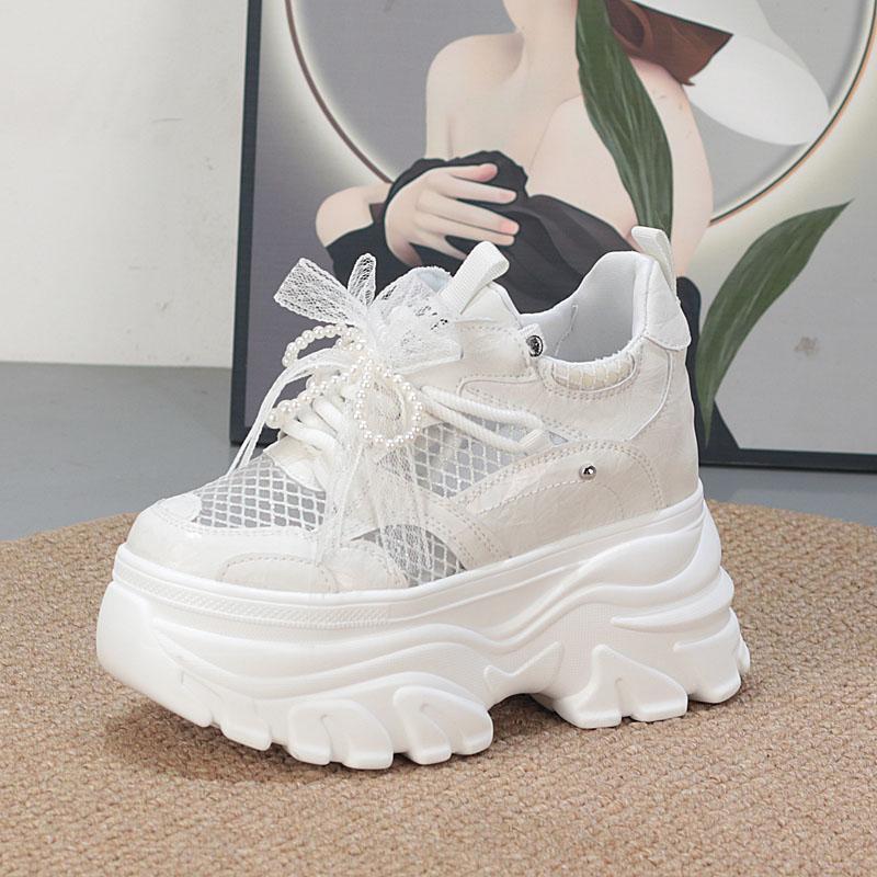 

Ультравысокие 11 см кроссовки на скрытой платформе, сетчатые, на толстой подошве, белые туфли для невысоких женщин, повседневная сетчатая обувь 34