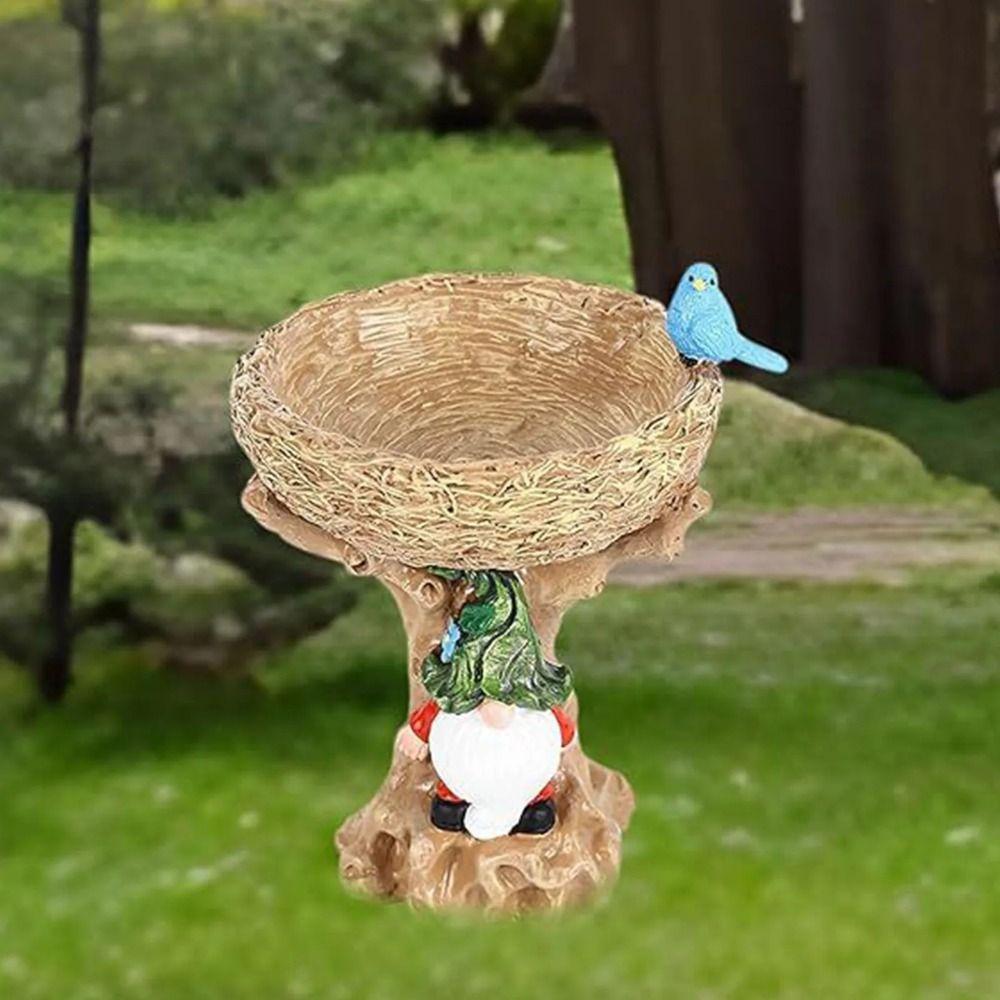 Resin Bird Feeder Dwarf Design Bird Water Bowl Fairy Garden Decoration Art Statue Outdoor