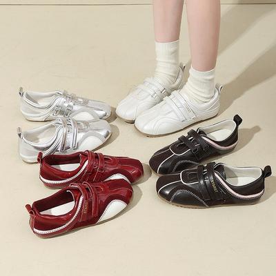 Korean Version of Genuine Leather Ballet Training Shoes for Women's 2025 Summer New Velcro Sports and Leisure Mary Jane Silver Shoes