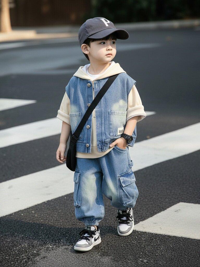 Koreanischer Stil Jungen Frühling/Herbst 2026 Jeansweste 3-teiliges Set - Cooles und hübsches Hemd für Kinder