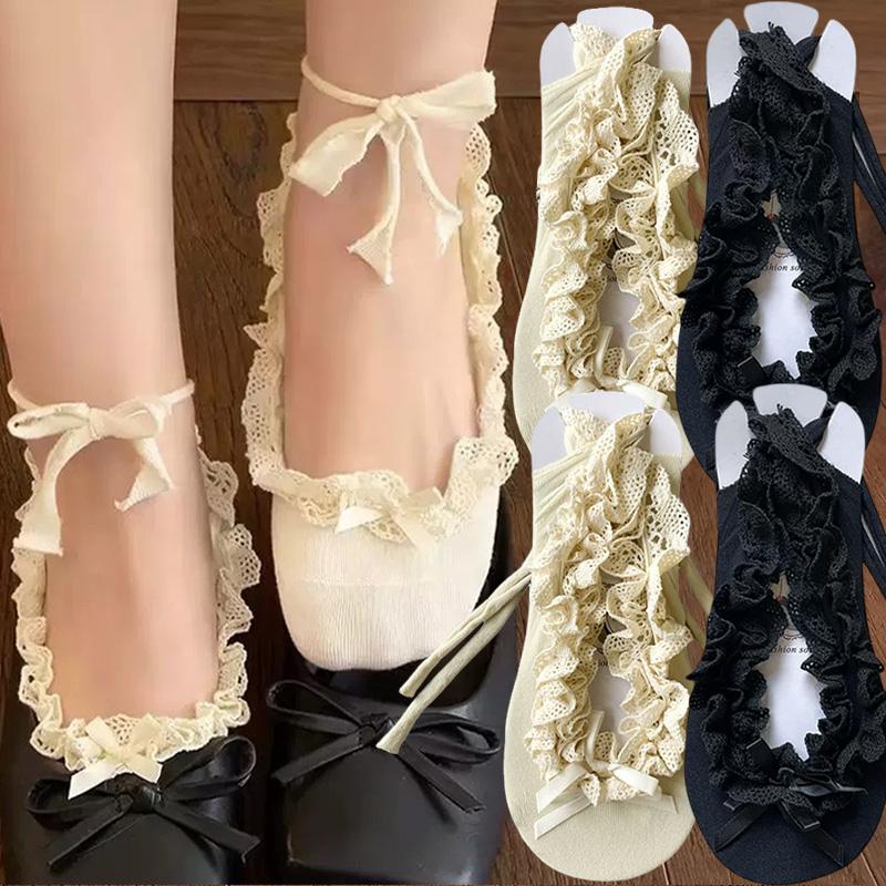 1/2pairs Japanese Ballet Style Bowknot Lace Up No-show Socks Women Tie Straps Slipper Boat Sock Sweet Cute Lolita JK Dance Socks