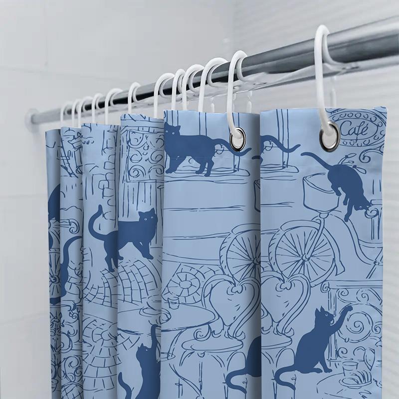 Blue Feline Bathroom Curtain Set: Modern Cat Print Shower Curtain With Rings For Home Decor Perfect Gift For Animal Lovers