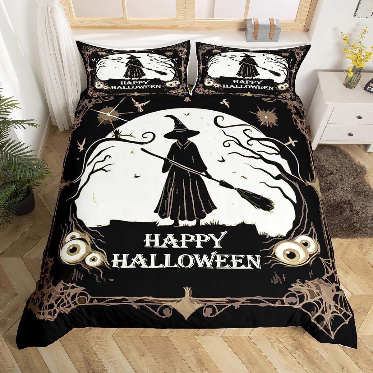 

Happy Halloween Bedding Set Full King Size Witch Duvet Cover For Boys Teens Spiderweb Comforter Cover Set Magic Bedspread Cover EU Single(135x200cm)