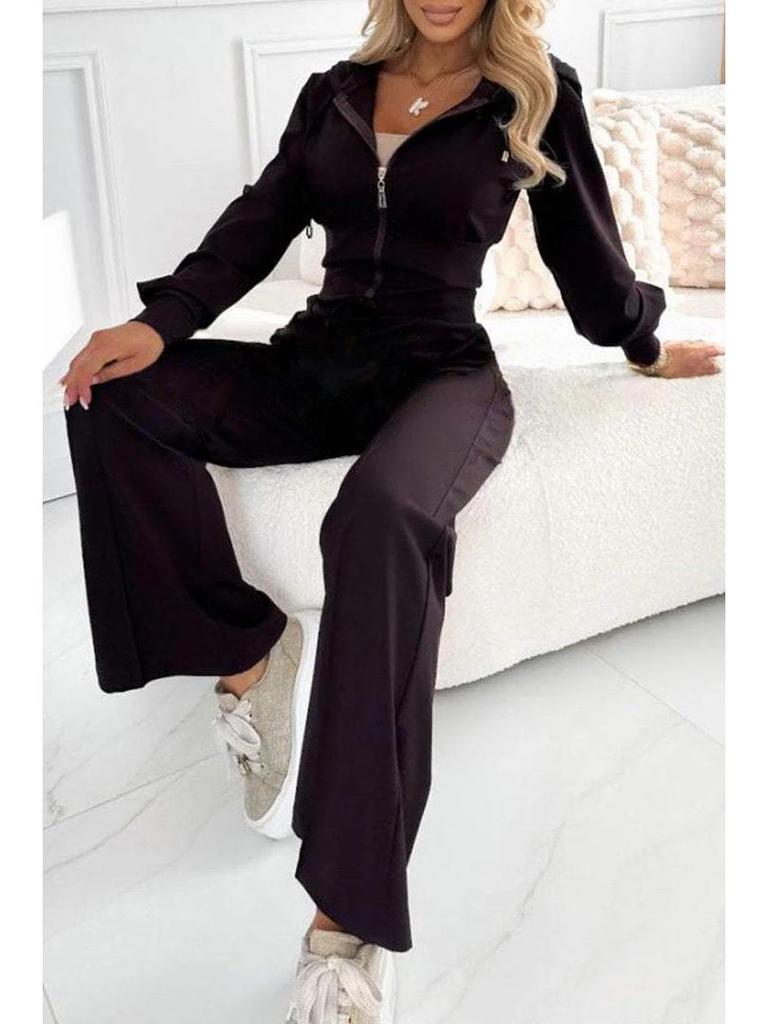 2025 Autumn/Winter European & American Solid Color Hooded Zip-Up Top and Wide-Leg Pants Set