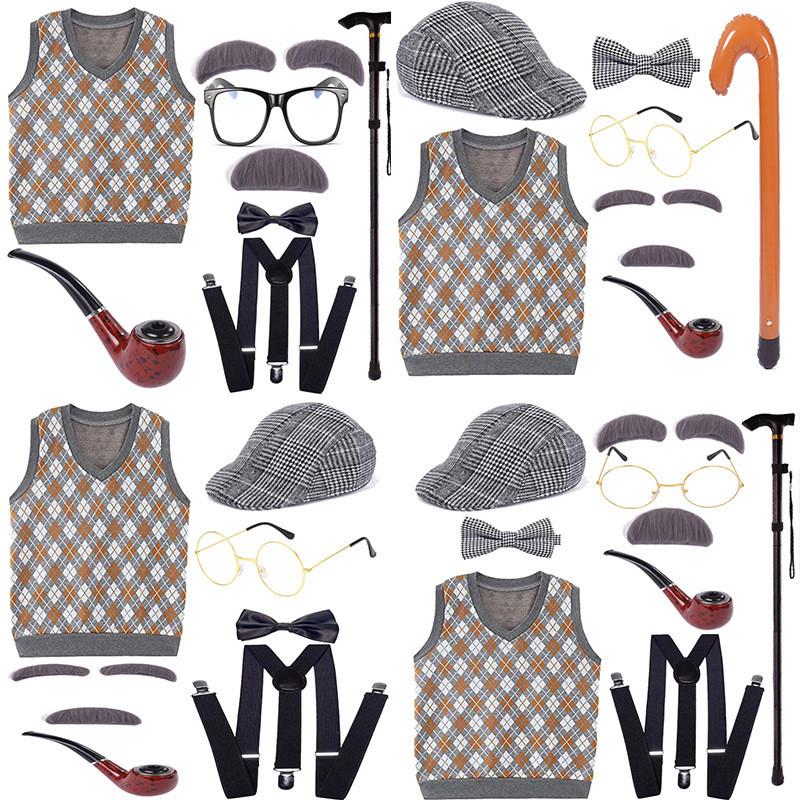 Halloween Costume Set For Kids Featuring Short Black Wig And Grandpa Beard Accessories
