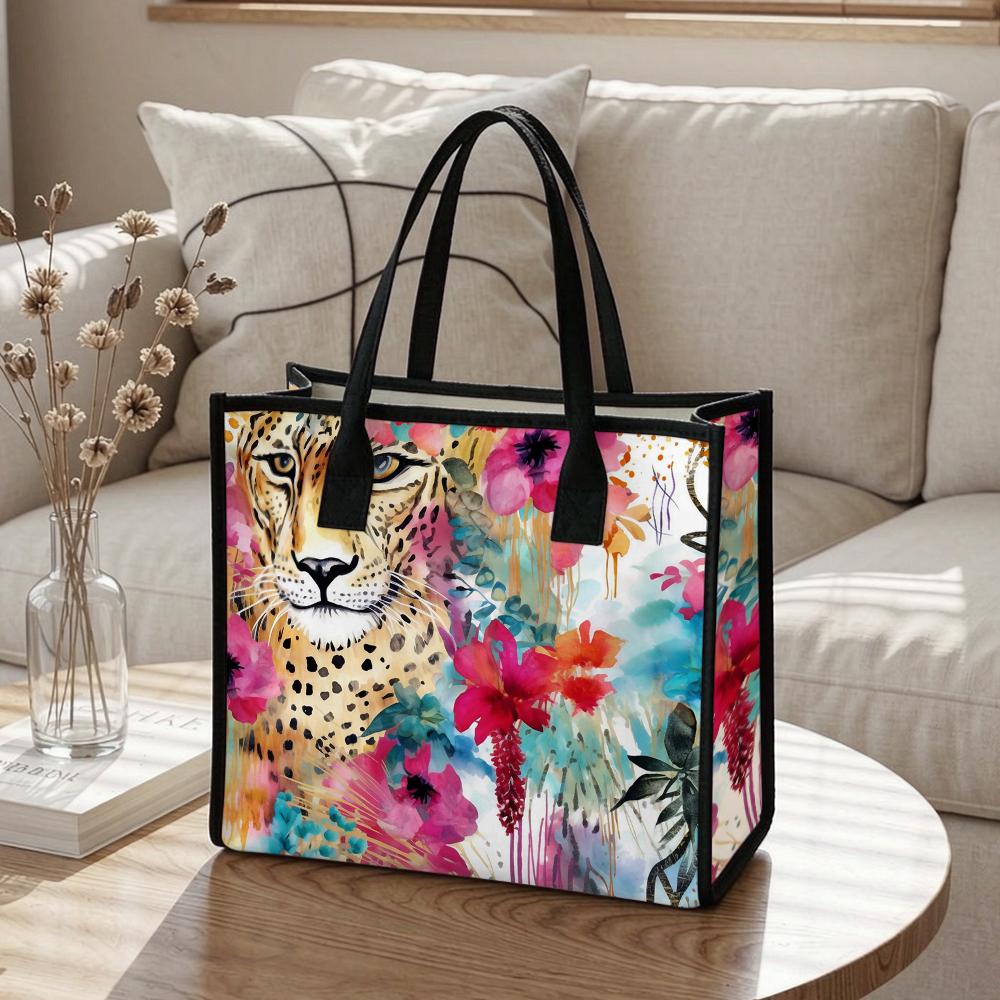 Floral Leopard Print Tote Bag Large Capacity Fashion Shoulder Bag for Shopping Travel