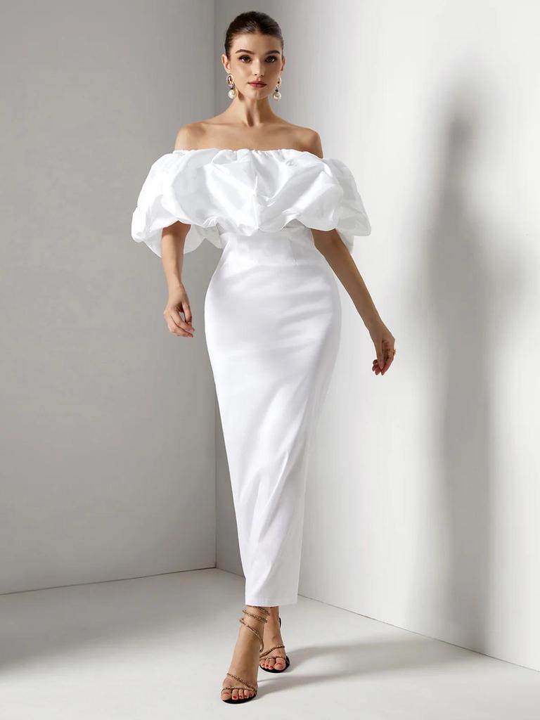 Elegant European Style One-Shoulder Long White Bodycon Dress for Women