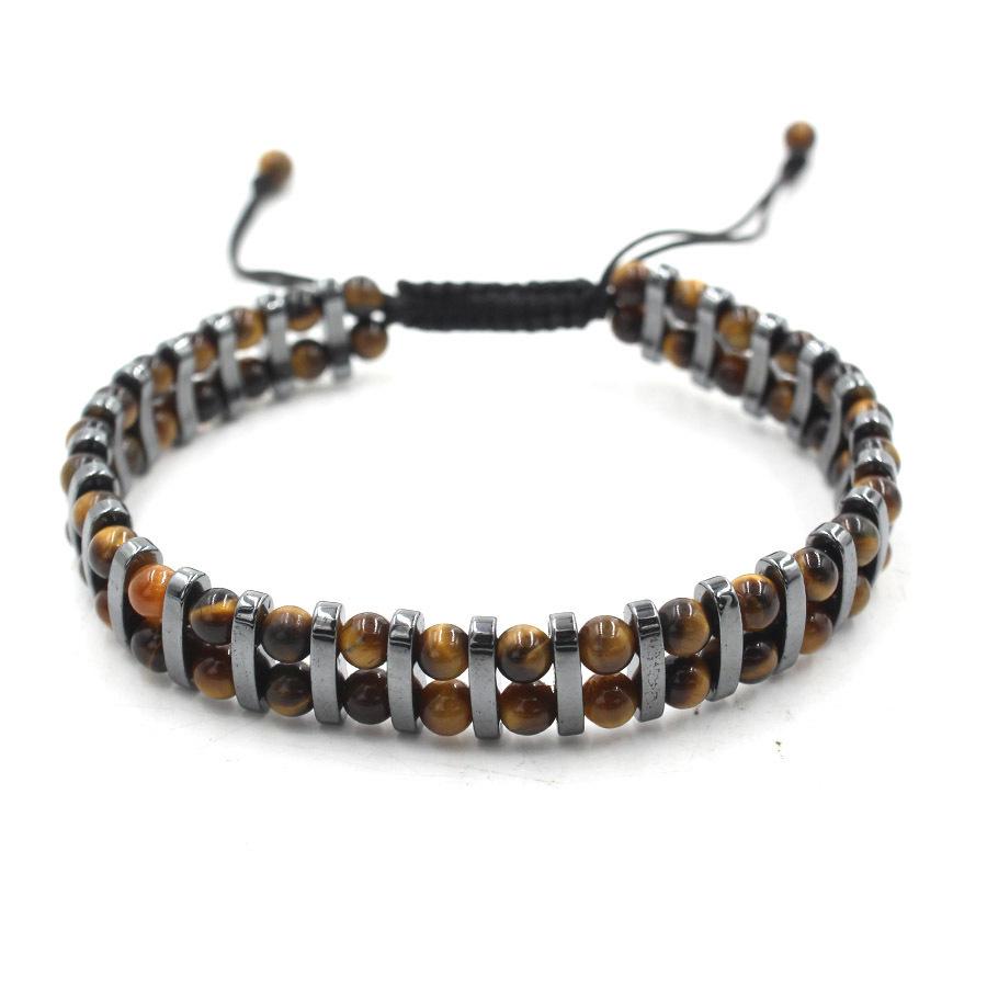1Pcs Natural Tiger Eye Stone Hematite Adjustable Bracelet Double Hand-Woven Rows Of Beads Bracelet Men's Friendship Bracelet Jewelry