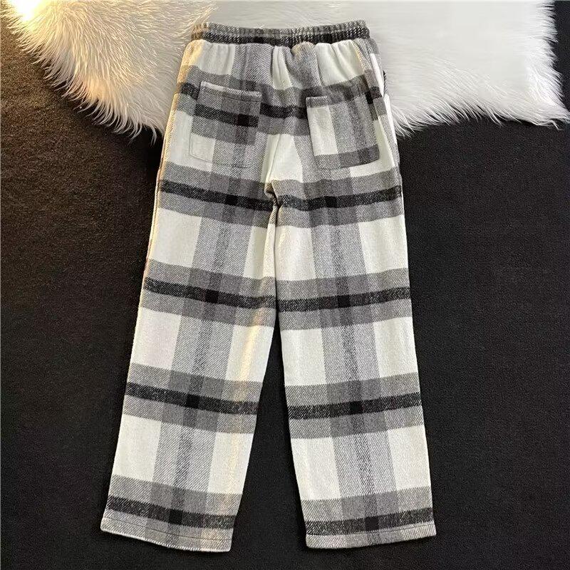 Women's Pink Plaid Woolen Wide-Leg Pants: Thick, Straight, 2024 Style, Slim-Fit.