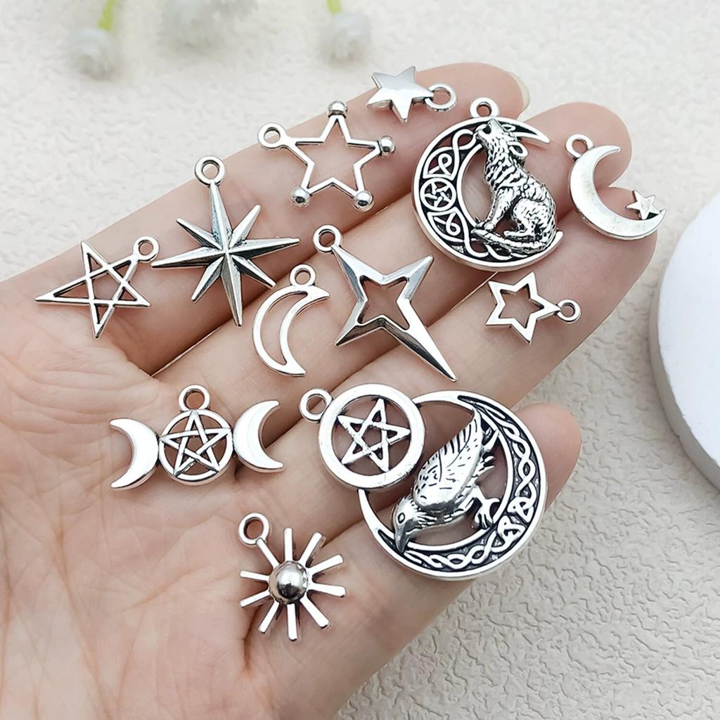 20pcs/Lot Mix Antique Silver Color Sun Moon Star Pendant Charms For Jewelry Making Supplies Witch Wicca Accessories DIY Bracelet