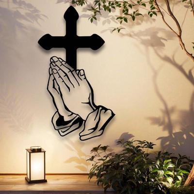 Forged Iron Praying Hands Cross Wall Art 40cm Christian Sculpture Home Decor Gift