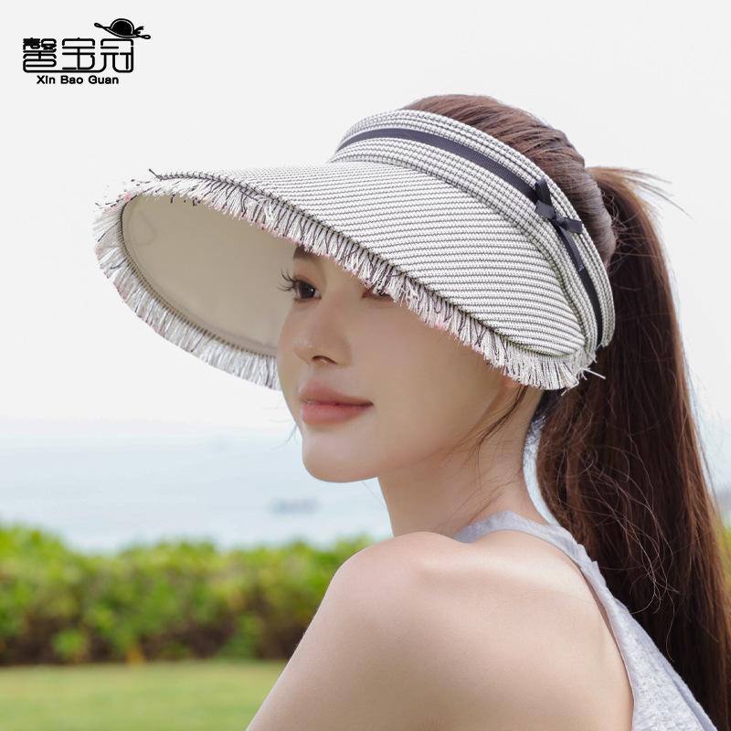 Tassel Large Brim Sun Hat Summer Outdoor Travel Sun Protection Hat Women's Plaid Bow Empty Top Hat