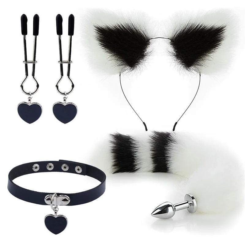 Anal Sex Toys Fox Tail Butt Plug Sexy Plush Cat Ear Headband With Bells Necklace Set Massage Sex Toys For Women Couples Cosplay