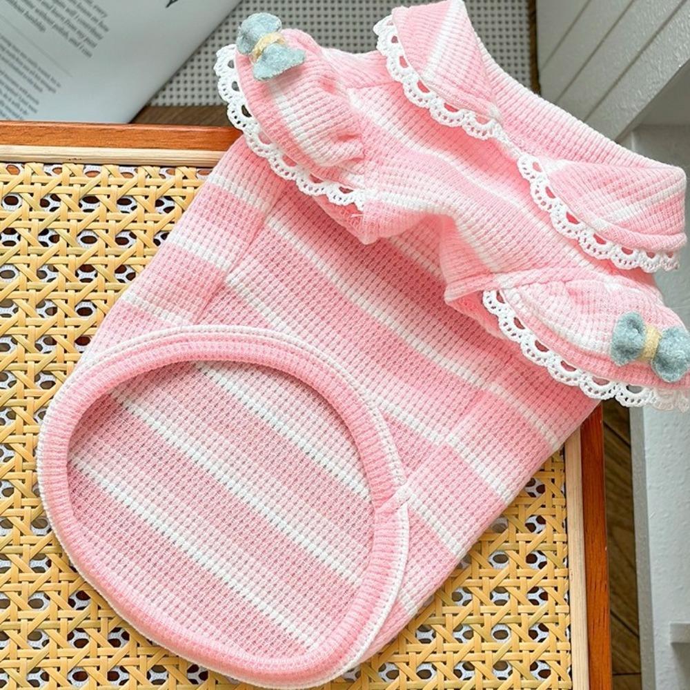 Ruffle Sleeves Dog Lace Knit Vest Stripe Design Pet Hoodie Lightweight Dog T-Shirt Photography