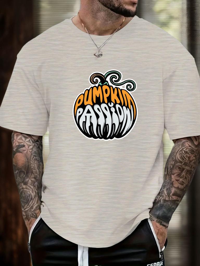 Mens Casual Tshirt Pumpkin Passion Print Short Sleeve Round Neck Breathable Soft Oversized Fun Daily Wear Tee
