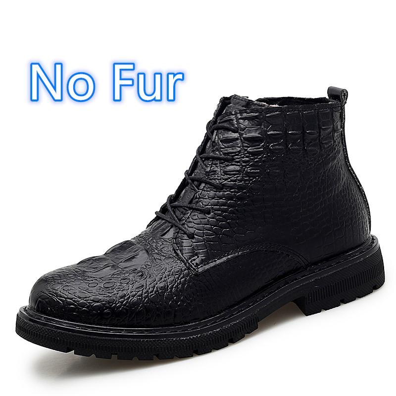 Mens Boots High Quality Men Casual Shoes Winter Lace-Up Side Zipper Ankle Boots Plush Warm Outdoor Snow Shoes Crocodile Pattern