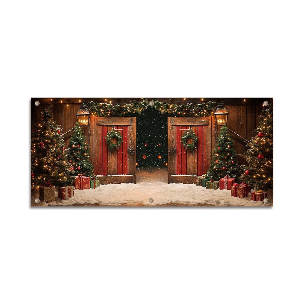Decorate the Garage Door with Christmas Yard Banners and Hang the Party Decoration Backdrop.