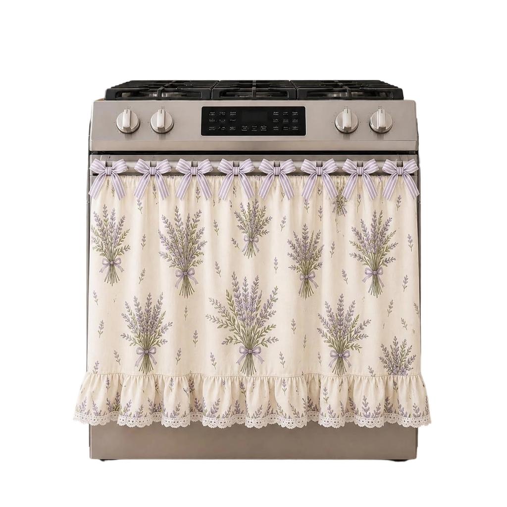 Lace Trim Oven Cover with Floral Print Decorative Dustproof Curtain for Kitchen Stove Protection and Appliance Enhancement