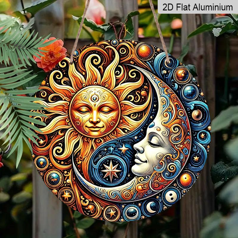 2D Flat, 1pc Fantasy Sun & Moon Metal Aluminum Sign - Mysterious Art Style Aluminum Wall Decor for Garden, Patio, Indoor & Outdoor Use - Celestial