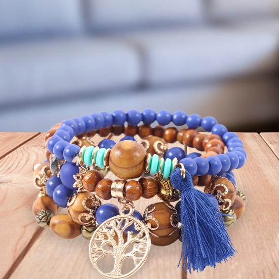 4Pcs Unisex Fashion Wooden Beads Tassel Strand Bangle Bracelet Jewelry Gift